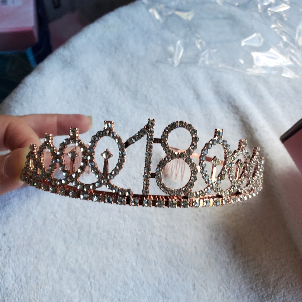 18th Birthday Metal Rose Gold  Tiara, Candles, Sash, Cake Topper Lot Of 1 NEW